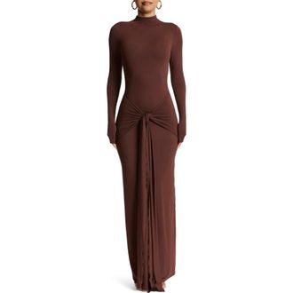 Naked Wardrobe Tie Front Long Sleeve Maxi Dress in Choclate at Nordstrom, Size Medium