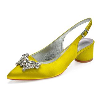 Generic Womens Pumps Pointed Toe Bridal Chunky Heel Slingback Heels Wedding Prom Party Dress Low Heels 4.5Cm,Yellow,3 UK