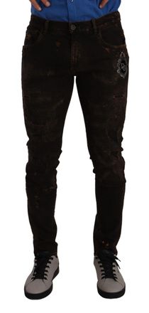 Dolce & Gabbana Heren Bruine DG Kroon Logo Katoenen Skinny Denim Jeans