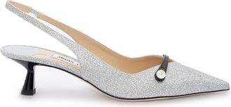 Jimmy Choo London Silver Fine Glitter Amita 45 Slingback Womens Pumps