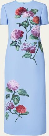 Carolina Herrera Hydrangea-Print Crepe Short-Sleeve Ankle Dress