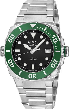 Gevril Group Mens Fortuna 316L Stainless Steel Case, Green Bezel, Black Enamel dial, Bracelet. - Silver - One Size