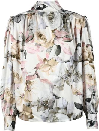 Nineminutes Blouse met pofmouwen en lintkraag - Dames - Blouses - Veelkleurig - 2XL - Polyester - Overhemden