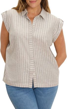 Nic+Zoe Stripe Cotton & Linen Blend Button-Up Resort Shirt in Neutral Multi at Nordstrom, Size 1 X