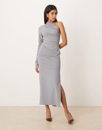Asos Vestito midi monospalla drappeggiato grigio