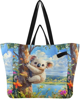 Generic Gray Koala Tree Flowers pattern Reusable Canvas Tote Bag, Heavy Duty Grocery Shopping Bag with Double Handles Large Capacity Hard Bottom Work Grocerie