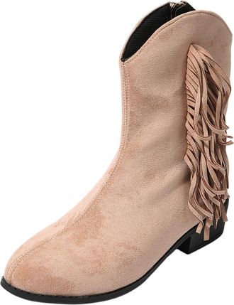 Generic Ankle Boots for Women UK Fashionable V-Cut Fringed Pointed-Toe Square Heel Versatile Mid Calf Boots Suitable for Autumn Winter Outfits(Khaki,10)