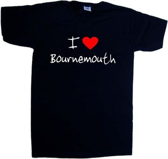 Tee Tree Designs I Love Heart Bournemouth Black V-Neck T-Shirt (White Print)-Large