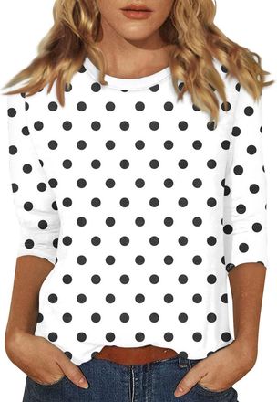 Generic T Shirts for Women 3/4 Sleeve Crew Neck Casual Basic Polka Dots Tees Loose Summer Tops(White, L) Chemise hawaienne Femme