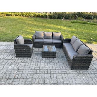 Fimous Outdoor Rattan Garden Furniture Set Conservatory Patio Sofa Coffee Table With Reclining Chair Dark Grey Mixed - Fimous