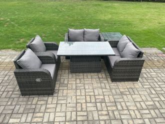 Fimous Rattan Furniture Outdoor Garden Dining Set Height Adjustable Rising lifting Table Love Sofa Chair With Side Table in Dark Grey