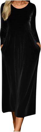 Generic Velvet Maxi Dresses for Women UK Vintage Long Sleeve Crew Neck Flowy Swing Long Dresses with Pockets Elegant Formal Cocktail Party Wedding Guest Dress