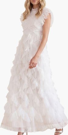 Needle & Thread Genevieve Ruffle Short Sleeve Maxi Gown in Swan White at Nordstrom, Size 20