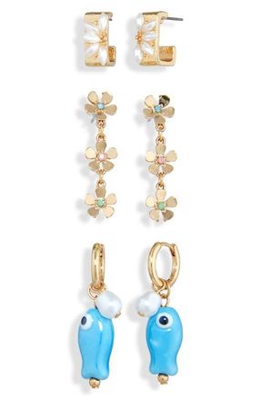 BP. Set of 3 Pairs Fish Hoop & Drop Earrings in Gold Multi at Nordstrom
