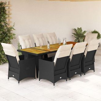 vidaXL Set De Mesa Y Sillas De Jard&iacute;n 9 Pzas Y Cojines Rat&aacute;n Pe Negro Vidaxl