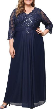 Alex Evenings Sequin Embroidered Chiffon Gown in Navy at Nordstrom, Size 18