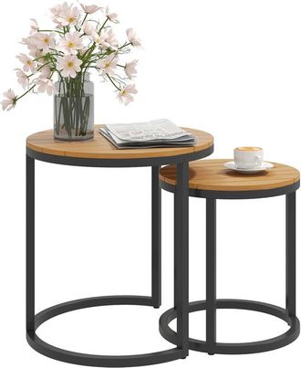 OUTSUNNY Juego De 2 Mesas De Jard&iacute;n Con Encimera De Madera De Acaica Dise&ntilde;o Listones Con Marco De Acero Y Pies Ajustables Para Balc&oacute;n Terraza Teca - Outsunny