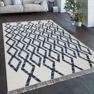 Paco Home Paco Home - Alfombra Sal&oacute;n Estilo Bohemio Flecos Tejida A Mano Mezcla Lana Algod&oacute;n Azul 120x170 Cm