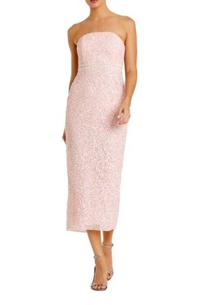 Mac Duggal Pearl Embellished Strapless Midi Cocktail Dress in Blush at Nordstrom, Size 10