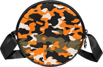 Generic Circle Crossbody Bag for Women, Orange Camouflage Small Sling Bag Daypack with Zipper Adjustable Shoulder Straps Casual Ladies Girls Round Purse