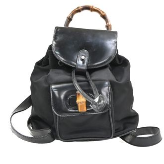 Gucci Vintage Bamboo Nylon And Patent Leather Black Nylon Backpack Bag (Pre-Owned)