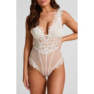Hunkem&ouml;ller Grace Lace & Mesh Bodysuit in Snow White at Nordstrom, Size X-Large