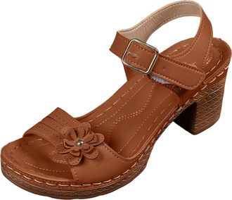 Generic Low Block Heel Sandals For Women Wide Width Chunky Platform Open Toe Perforated Loop Strap Flower Comfort Leather Insole Sandals Shoes