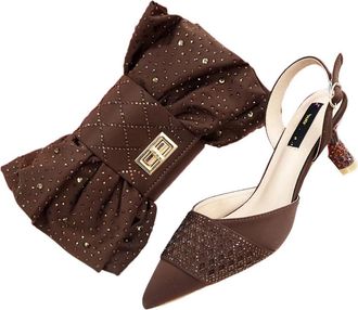 Generic Womens Luxury Shoes and Bags Matching Set Pointed Toe High Heel Sandals Sparkly Rhinestone Bow Bag Brown