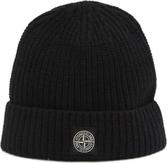 Stone Island Zwarte Gebreide Logo Patch Wollen Muts - Heren - Hoeden - Zwart - ONE Size - Wol - Accessoires