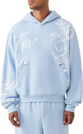 True Religion Tiger Script Boxy Hoodie in Blue Bell at Nordstrom, Size Xxx-Large