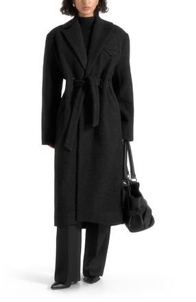Mani&egrave;re De Voir Jena Wide Shoulder Wool Coat with Cinch Belt in Black at Nordstrom, Size Large