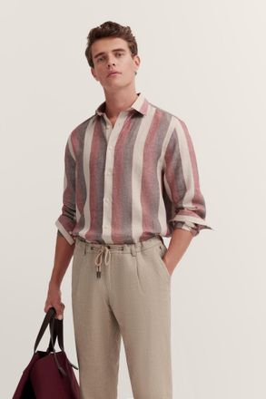 Bugatti Langarmhemd BUGATTI, Herren, Gr. 4XL, Normalgr&ouml;ssen, rot (980, bordeaux), 100% Leinen, gestreift, regular fit, eckige 2-Knopf-Manschette, Hemden Langa