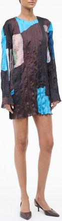 Staud Kona Colorblock Long Sleeve Crinkle Satin Minidress in Blue Prism at Nordstrom, Size X-Small