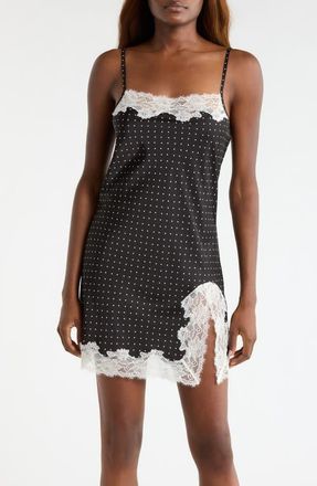 Open Edit Lace Trim Satin Chemise in Black- Ivory Polka Dot at Nordstrom, Size X-Small