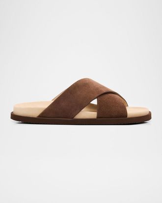 Brunello Cucinelli Mens Cross-Strap Suede Slides