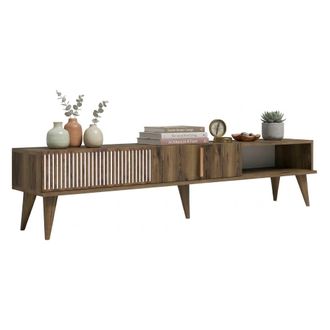 Dmora Mueble Para Tv Ofena, 2 Puertas, Apertura Abatible, 3 Compartimentos, 180x35x40h Cm Marr&oacute;n Nogal