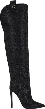 Philipp Plein High-Heel High Boots Mixed Strass Hexagon - Dames - Over de knie laarzen - Zwart - 40 EU - Leer - Schoenen