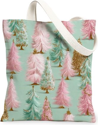 Generic Winter Trees Canvas Tote Bags, Stylish Floral Pattern Reusable Grocery Bags, Lightweight Washable Shoulder Strap Canvas for, Mint, 13x15 Inch