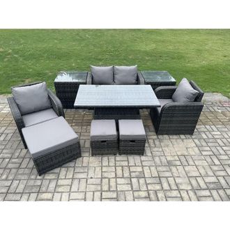 Fimous Fimous Rattan Furniture Outdoor Garden Dining Set Patio Height Adjustable Rising lifting Table Love Sofa Chair With 2 Side Tables Stools