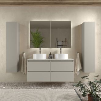 Cygnus Bath Mueble De Ba&ntilde;o Bequia 120cm Gris Mate 4 Cajones Lavabo Sobre Encimera 2 Pozas Porcelana