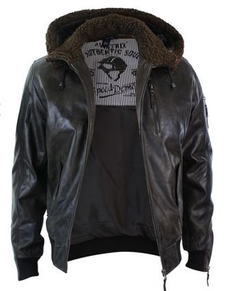 TruClothing Leather Hooded Bomber Jacket