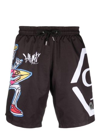 Philipp Plein graffiti-print drawstring-waist swim shorts - men - Spandex/Elastane/Cotton - S - Black