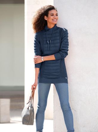 Casual Looks Longpullover CASUAL LOOKS Longpullover, Damen, Gr. 36, blau (dunkelblau), 50% Baumwolle, 50% Polyacryl, unifarben, Pullover Longpullover