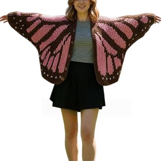 Generic Monarch Butterfly Knit Cardigan, Crochet Monarch Butterfly Cardigan Sweater, with Butterflies Wing Pattern Knit Coverup (Pink,S)