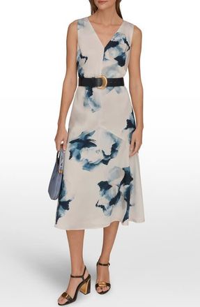 DKNY Belted Sleeveless Midi Dress in Nightfall/Sea Mist at Nordstrom, Size 14