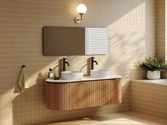 Vente-Unique Mobile sotto lavabo sospeso scanalato in legno di frassino con piano in pietra sinterizzata opaca Naturale chiaro L150 cm - LILIKO