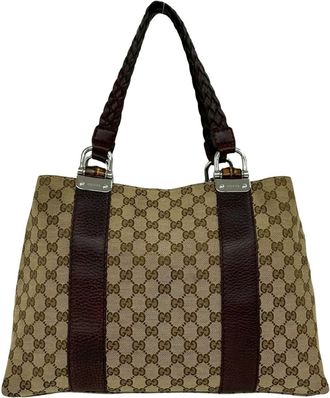 Gucci Brown Canvas Leather Handbag Tote Bag (Pre-Owned)