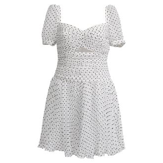Self Portrait Flocked Polka Dot Printed Mini Dress in White Polyester