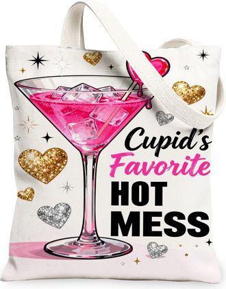 Generic ValentineS Day Heart Design Canvas Tote Bags, Cute Love Pattern Reusable Grocery Bags, Stylish Vintage Washable Shoulder S, White, 13x15 Inch