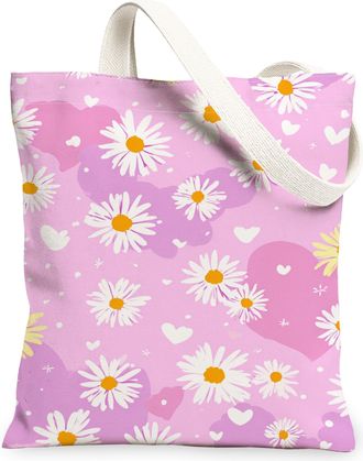 Generic Floral Canvas Tote Bags, Chrysanthemum Flower Pattern Reusable Grocery Bags, Spring Cute Vintage Lightweight Washable Shoul, Peach, 13x15 Inch